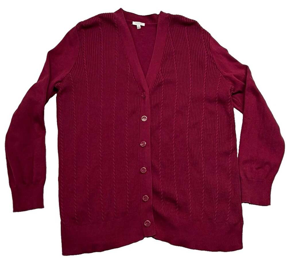 Talbots Cardigan Womens L Burgundy Cable Knit Button Front Preppy 100% Cotton